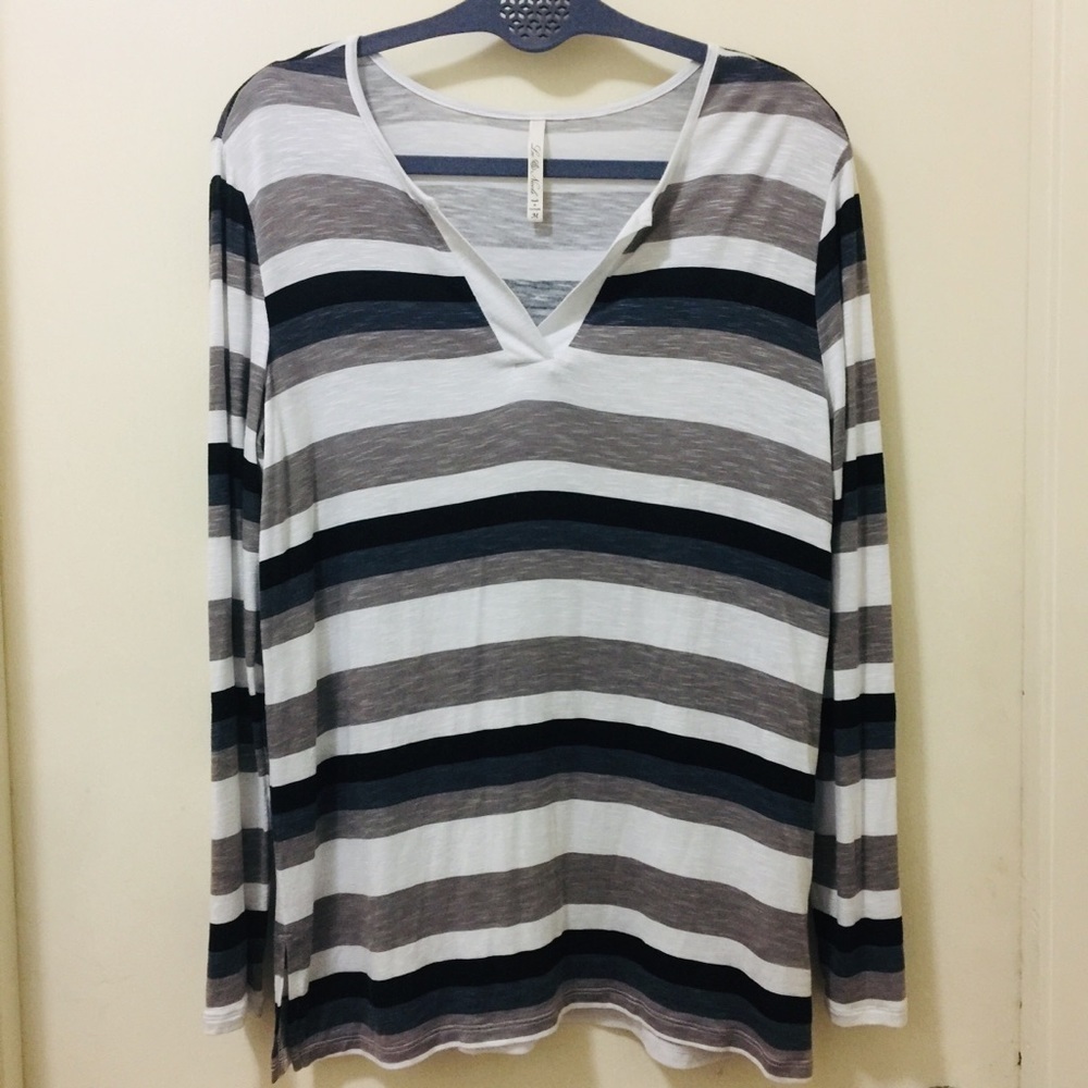 Leo & Nicole Womens Striped Roll Tab Long Sleeve V-Neck Top Grey Black White M